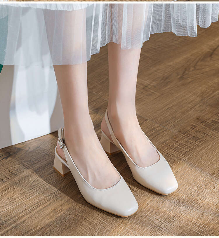 35-42 Large Size Soft Leather Peep Sandals Summer 2024 New Square Toe One Strap Office Thick Heel Slippers