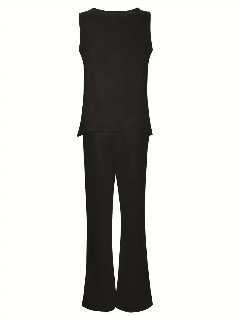 Plus Size Womens Casual Outfits Two Piece Set Solid Round Neck Tank Top Wide Leg Pants 2 250603