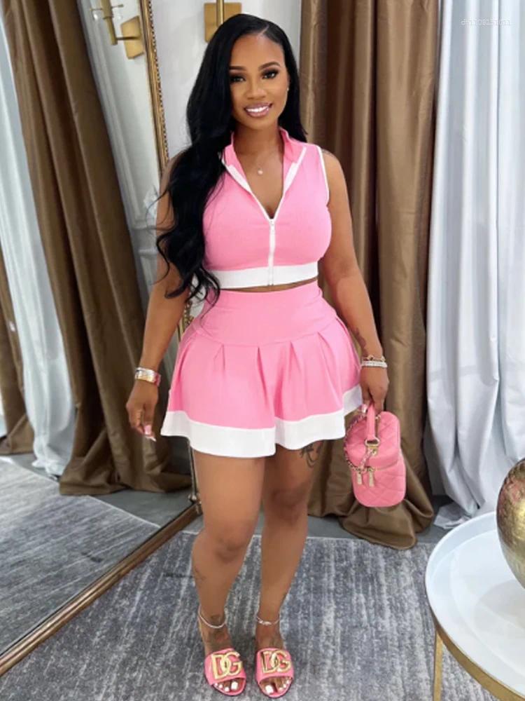 Women's Tracksuits Beyprern Cute Girls Zipper Front Crop Top And Ruffles Skirt Set Summer Two Piece Dress Sporty Tennis Active