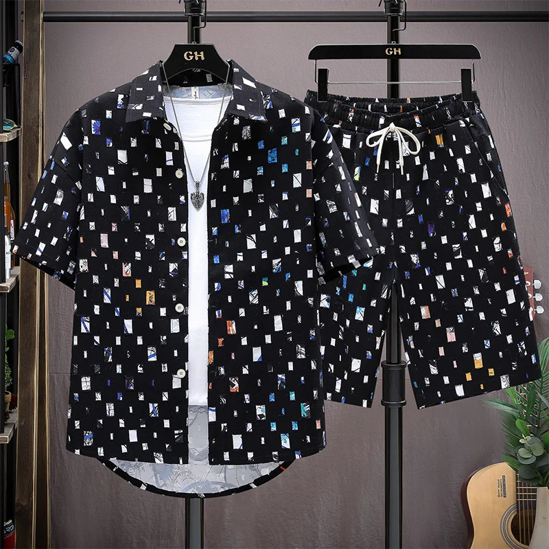 Men Summer 2 Pieces Set Tracksuit Mens Shirt Shorts Harajuku Streetwear Oversized Men Sets Short Outfits Suits 250603
