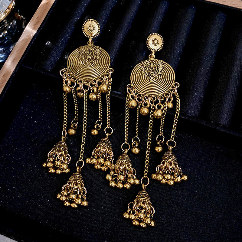 Vintage Antiqued Ethnic Inspired Circular Wind Chime Tassel Earrings Metal Textured Elegant Statement Ear Jewelry for Women