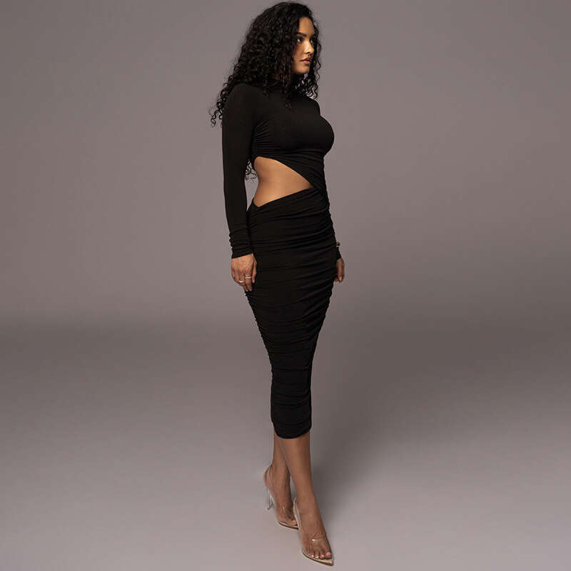 Women's Solid Color Round Neck Long Sleeve Hollow Out Pleated Patchwork Bodycon Sexy Party Dress Trendy B5