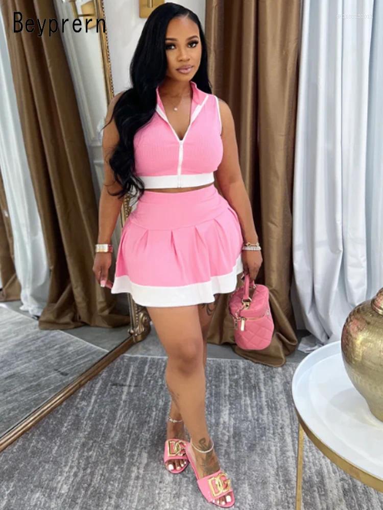 Women's Tracksuits Beyprern Cute Girls Zipper Front Crop Top And Ruffles Skirt Set Summer Two Piece Dress Sporty Tennis Active