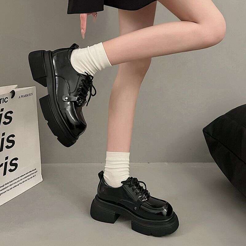 Genuine Leather British Style Women's 2024 Spring New Versatile Lace-up Single Shoes Thick Sole Height Increasing Black Loafers