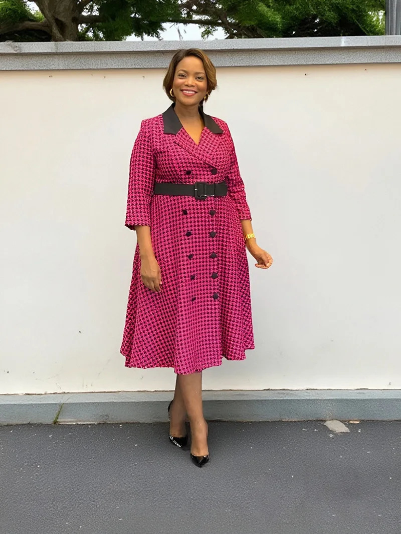 African Dresses For Woman Office Lady Africa Clothing Plaid Print Turn Down Collar A Line Dress and Belt Vestidos Robe Summ 250603