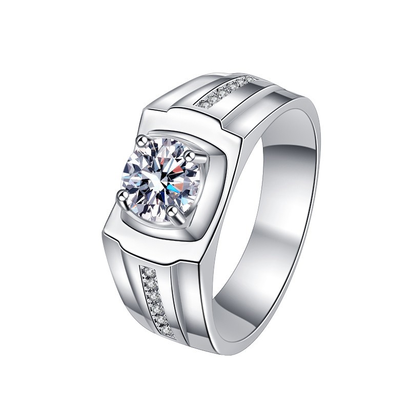 Elegant Luxury Mens Accessory - Premium Sterling Silver Band With A Dazzling Moissanite Stone And Diamond Accents