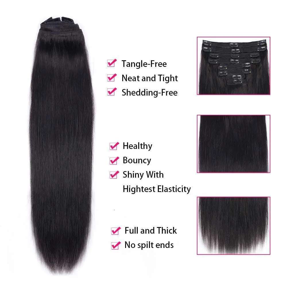 Black Brazilian Straight Clip in Extensions Remy Natural Color Human Hair 24 26inch Full Head Set for Women