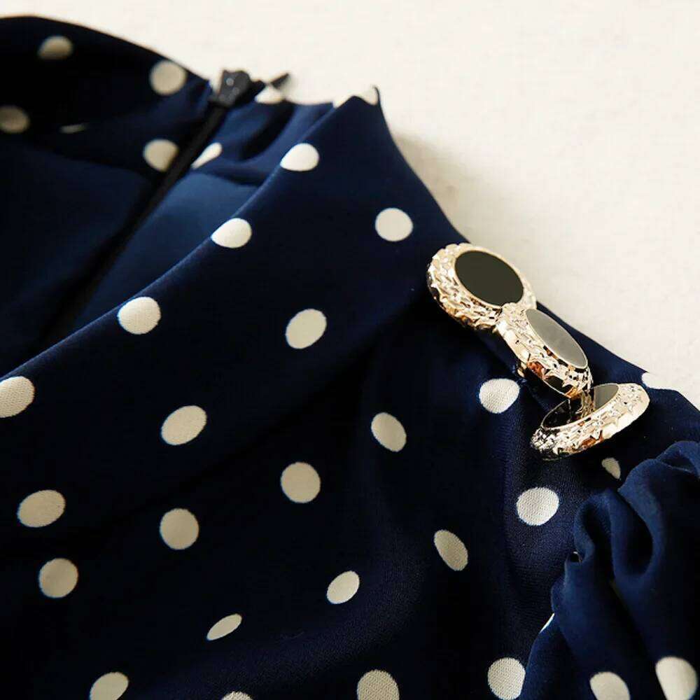 Elegant Fitted Dress Round Neck Long Sleeve Blue Polka Dot Waist-Fitted Women's Clothing New Arrival Spring Summer