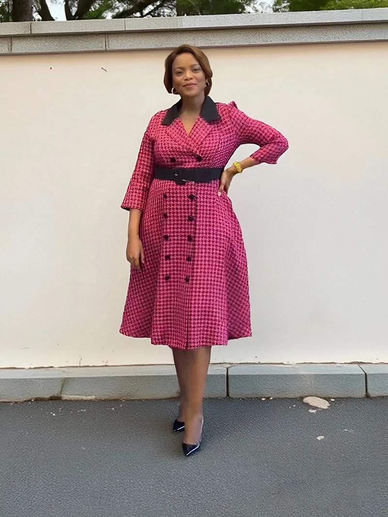 African Dresses For Woman Office Lady Africa Clothing Plaid Print Turn Down Collar A Line Dress and Belt Vestidos Robe Summ 250603
