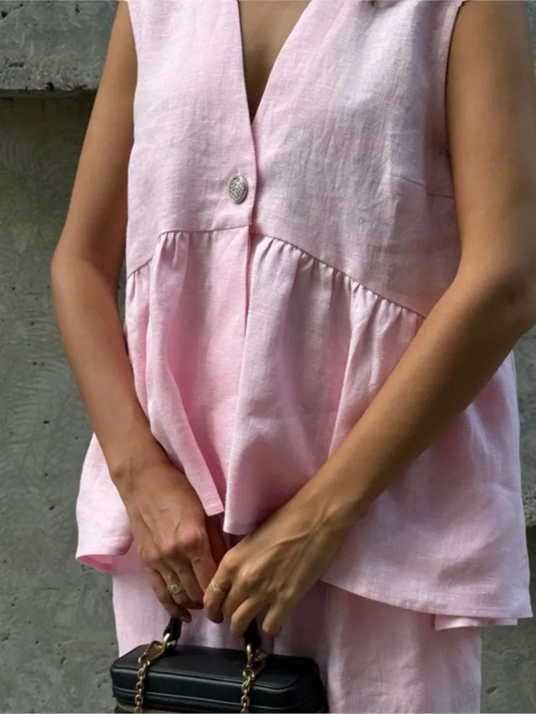 Fashion Pink Cotton Linen 2 Piece Set Women Summer Chic Elegant Outfit Sleeveless Ruffles Tank Top And Loose Wide-leg Pants Sets 250606