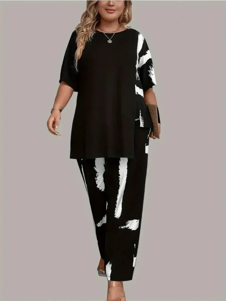Plus Size Womens XL5XL Brush Print Elegance Short Sleeve Round Neck Split Top Matching Pants 2 Piece Outfit Set 250603
