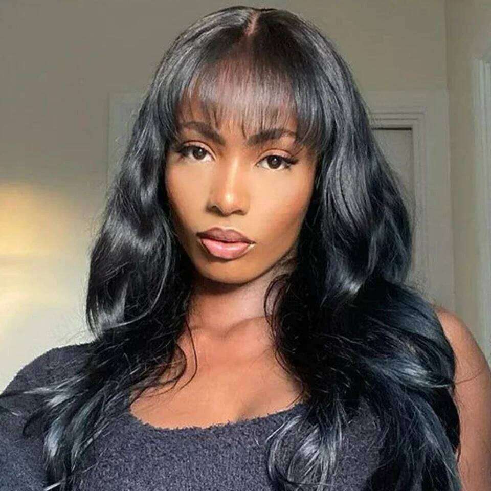 Peruvian Body Wave Lace Wig With Bangs For Women Natural Remy Fringe 22 Inches Realistic Scalp Human Hair Wigs