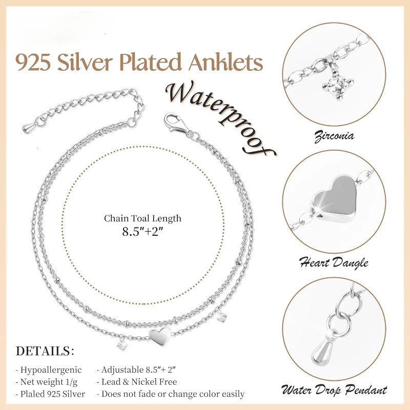 925 Sliver Plated CZ Anklet Bracelets for Women Girl Trendy Waterproof Heart Charm Dainty Layer Chain Anklets Jewelry Gifts 250528