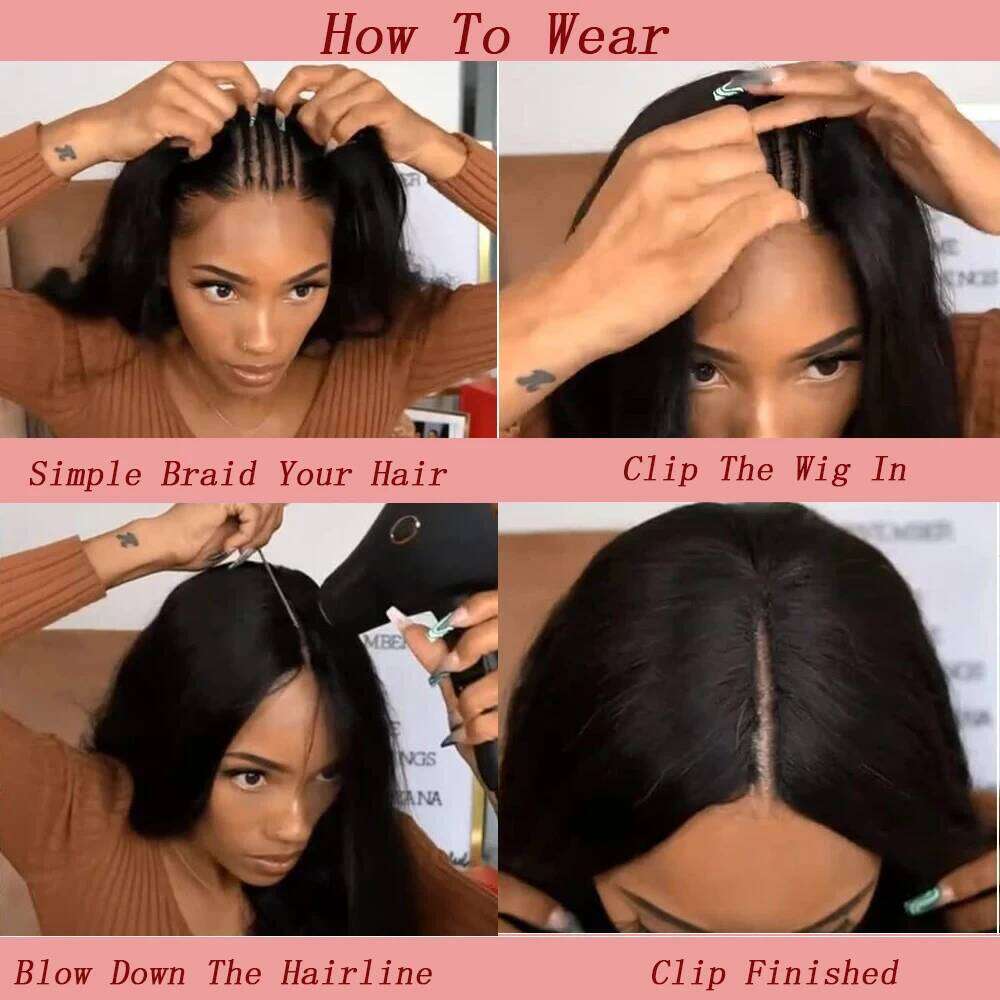 Kinky Straight V Part 100% Human Hair- Clip In Half Wig For Women-hine Made,150/200/250 Density,Nature Black ,8-24 Inches