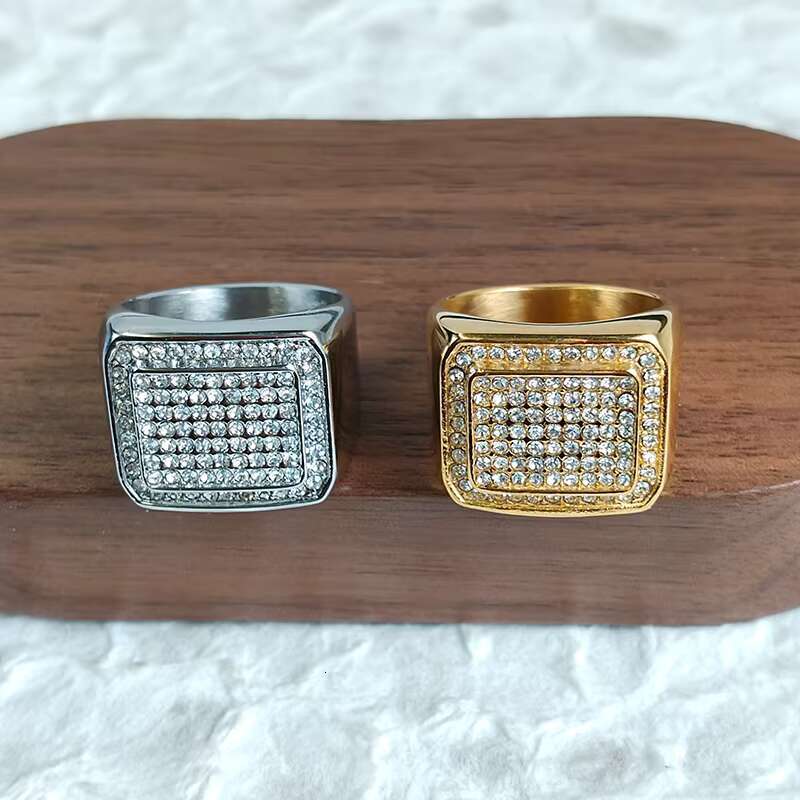 Hip Hop 18K Stainless Steel Gold Plated Cubic Zirconia Chunky Ring Men Jewelry Iced Out Diamond Moissanite Rings for Men