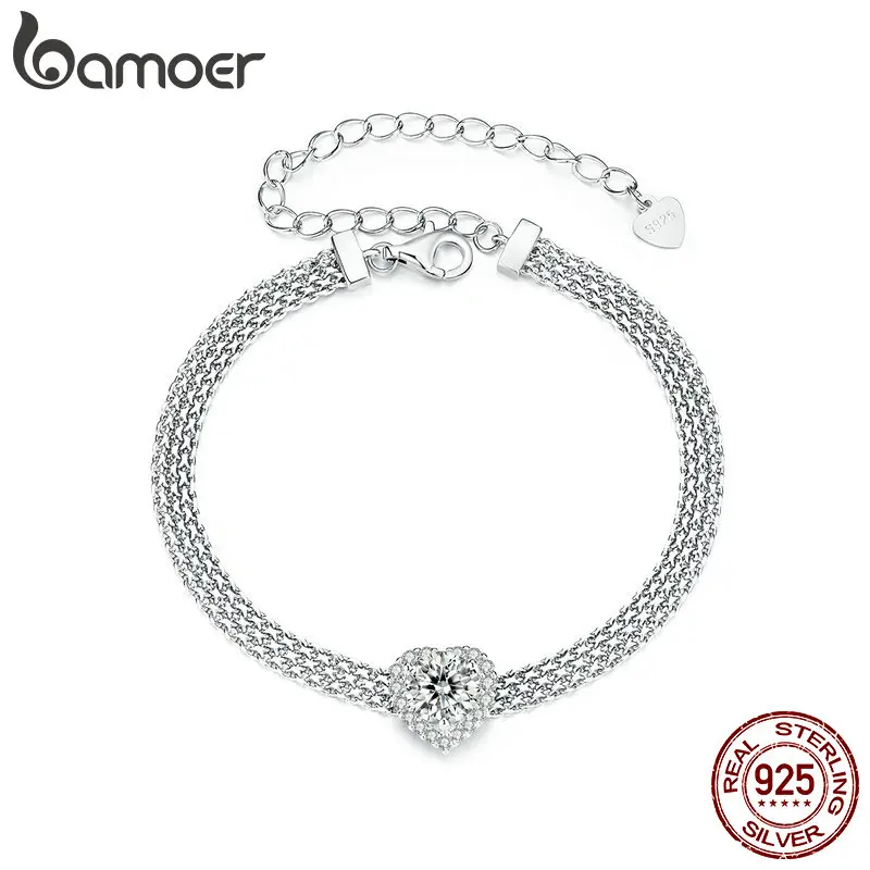 BAMOER 2025 Diamond Solid 925 Sterling Silver 4mm Mesh Link Chain Bracelet, White Gold Plated Heart Moissanite Woven Bracelet for WomenMSB019