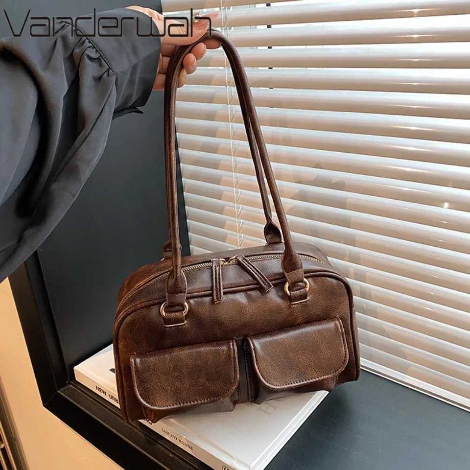 Vintage Wen Business Shoulder Bags Simple Ladies Cute Tote Bag Pu Leather 2 Pocket Chic Fem Underarm Hand Bag Handbags Y250718