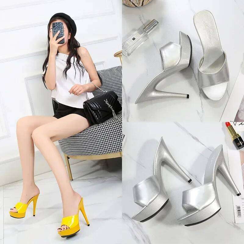Womens Slippers Mule Patent Leather Sexy Fashion 13CM Slides Party Shoes for Woman Red Sandals Summer Comfortable