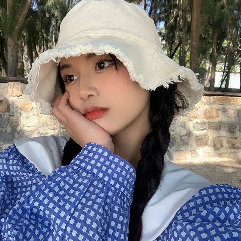Summer Casual Wide Brim Cotton Bucket Hat Unisex Frayed Edge Bucket Hat Foldable Fisherman Hat Beach Vacation Travel 250606