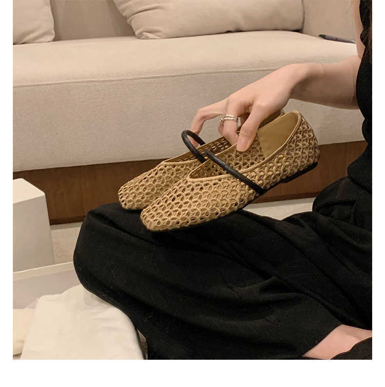Sheepskin Version French Genuine Leather Square Toe Hollow Mesh Sandals For Women New Soft Sole Woven Mary Jane Shoes