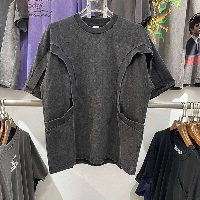 Summer New Cotton Patchwork Vintage Quality Men Women T-shirts High Street Washed Solid Color Loose Tee Short Sleeve Tops