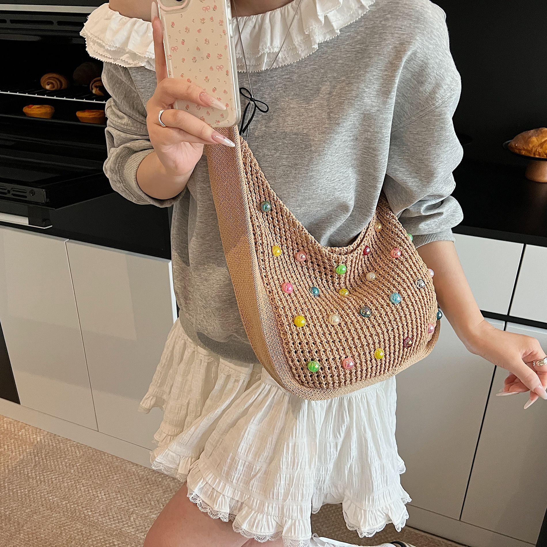 designer 2025 Trendy New Lazy Style Woven Women's Bag Large Capacity Versatile Knitted Bag Pearl Hollow Underarm Shoulder Bag for Women