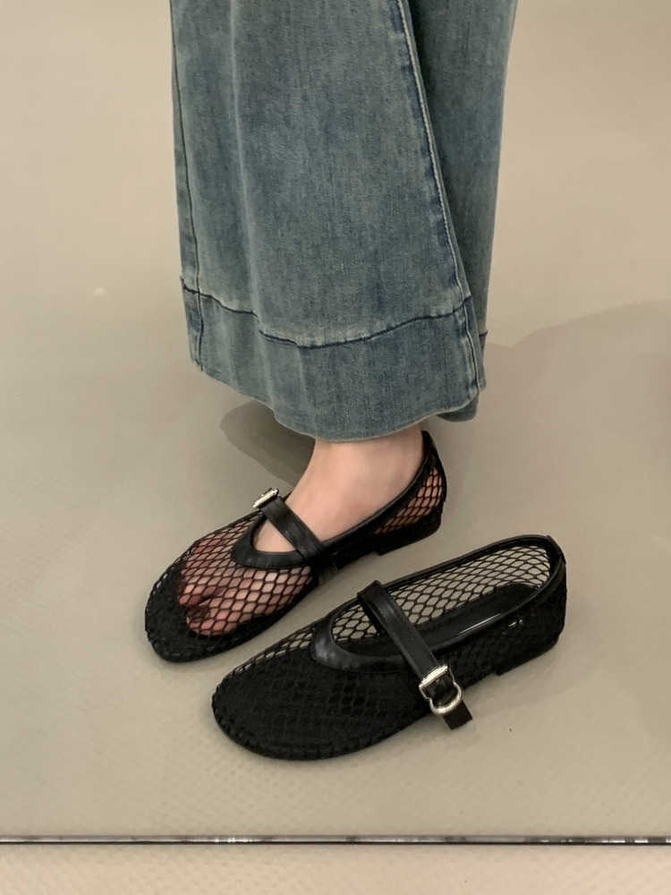 Korean Mesh Hollow Single Shoes For Women Summer New Fairy Elegant Shallow Mouth Flat Sandals Fishnet Shoes