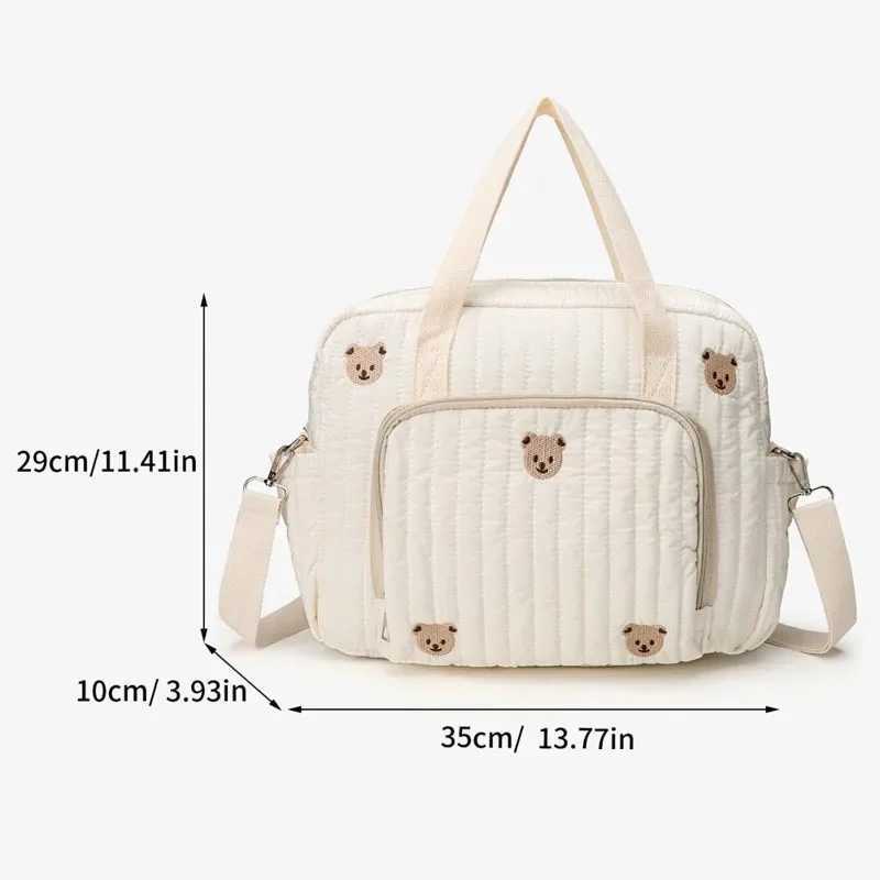 Baby Diaper Bag Cute Bear Flower Embroidery Pattern Mommy Bag Baby Beige Cotton Fabric Zipper Diaper Handbag New Luggage Bag y250609O6BK
