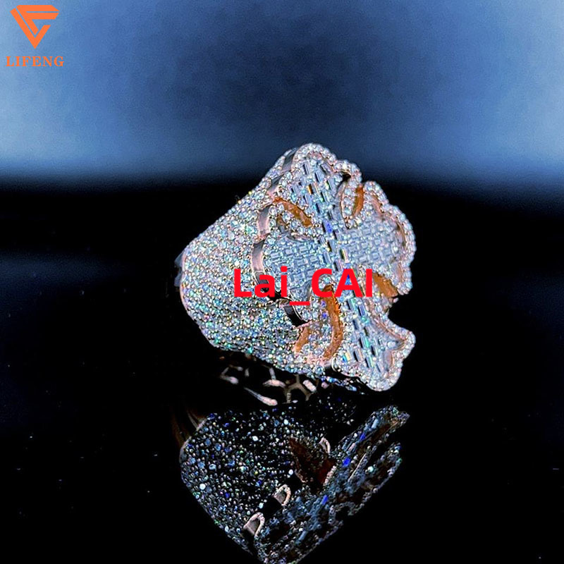 Square Cross Hip Hop Ring 925 Sterling Silver Iced Out VVS Moissanite Custom Ring Plated Rose Gold Fine Jewelry for Women