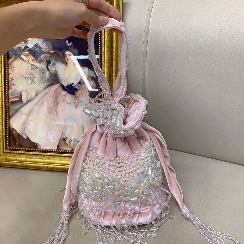 Pink Beads Beading Tassel Handmade Satin Bucket Glitter Dias Pearl Beaded Women's Handbag Lady Purse Female Shoulder Bag