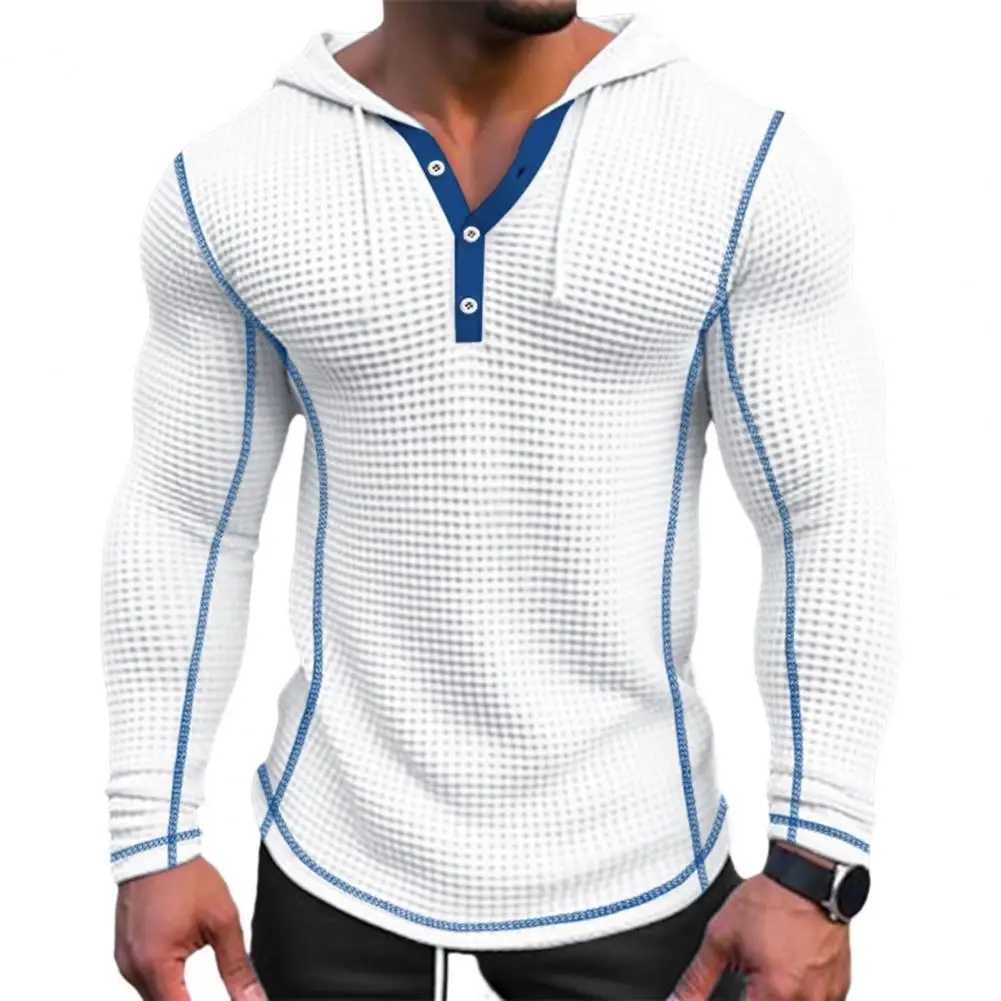 Breathable Waffle Fabric Sweatshirt Stylish Mens Waffle Cotton Hoodie Slim Fit Button Closure Breathable Long for Fashionable Z250621