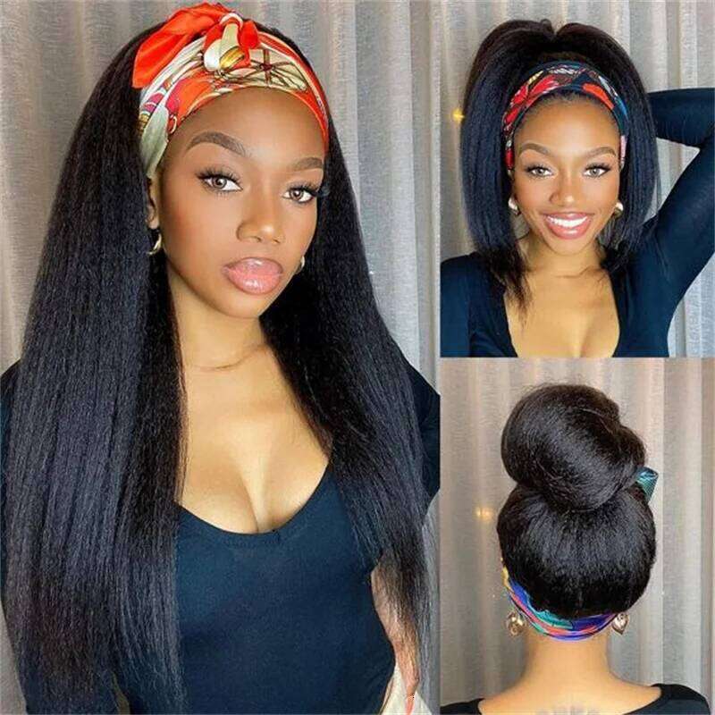 Kinky For Black Women 10-24" Yaki Straight Human Hair 180% Density hine Made Headband Wigs