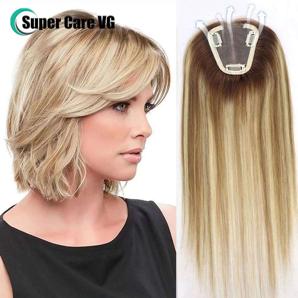 14Inch Blonde Highlight European Human Hair Pieces Women Swiss Lace Clips In Toppers Extension For Woman Toupee