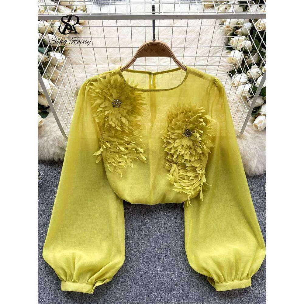 SINGREINY Spring Loose Satin Blouse Women O Neck Long Sleeves Sheer Bohemian Top 2025 Transparent 3D Floral Casual Shirt