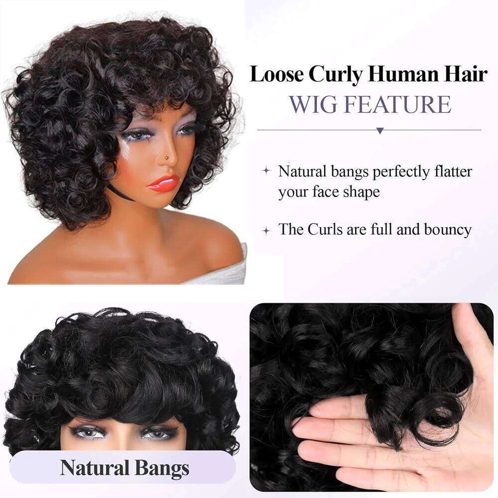 Fluffy Funmi Glueless Natural Short Bouncy Curly Bob Virgin Human Hair Wig with Bangs For Black Women