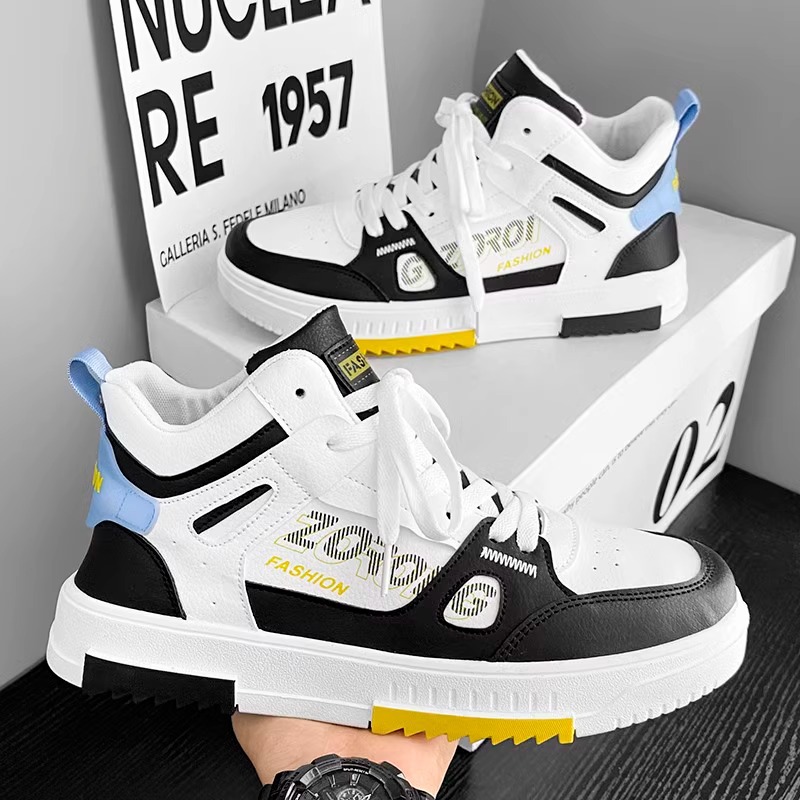 Free shipping 2025 casual shoes men sports shoes two tone fashionable high top shoes with thick soles comfort