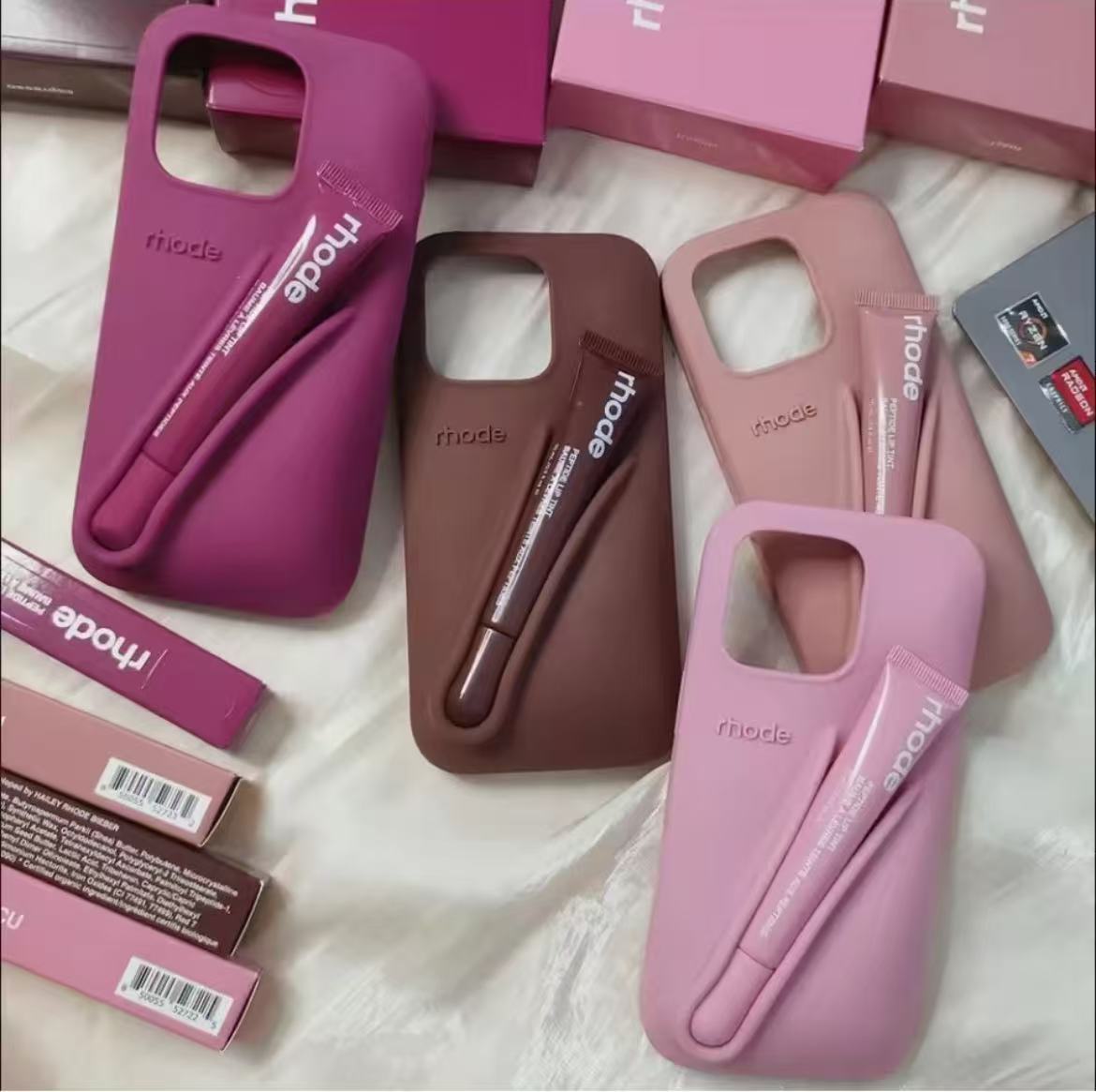 Rhode Color Lipstick Silicone Phone Case For iPhone 16 15 14 13 12 11 Pro Max Plus With Box Lip Gloss Holder Set Back Cover