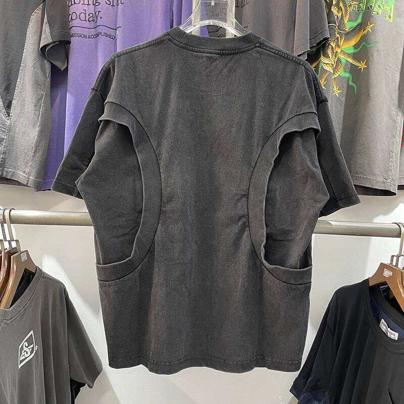 Summer New Cotton Patchwork Vintage Quality Men Women T-shirts High Street Washed Solid Color Loose Tee Short Sleeve Tops