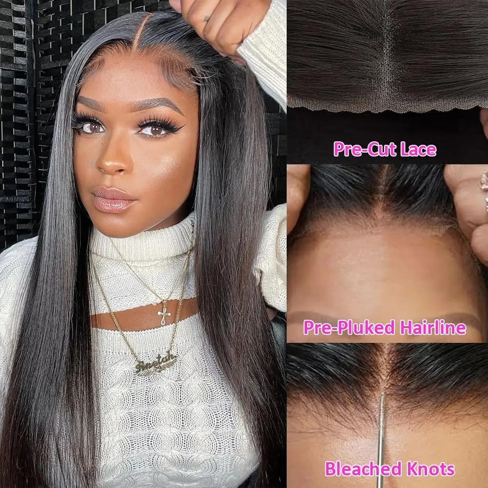 Glueless Wig Human Hair Pre Cut Lace Closure Human Hair Wigs Brazilian Ready To Wear Straight Lace Wig Human Hair 200% Synthetic