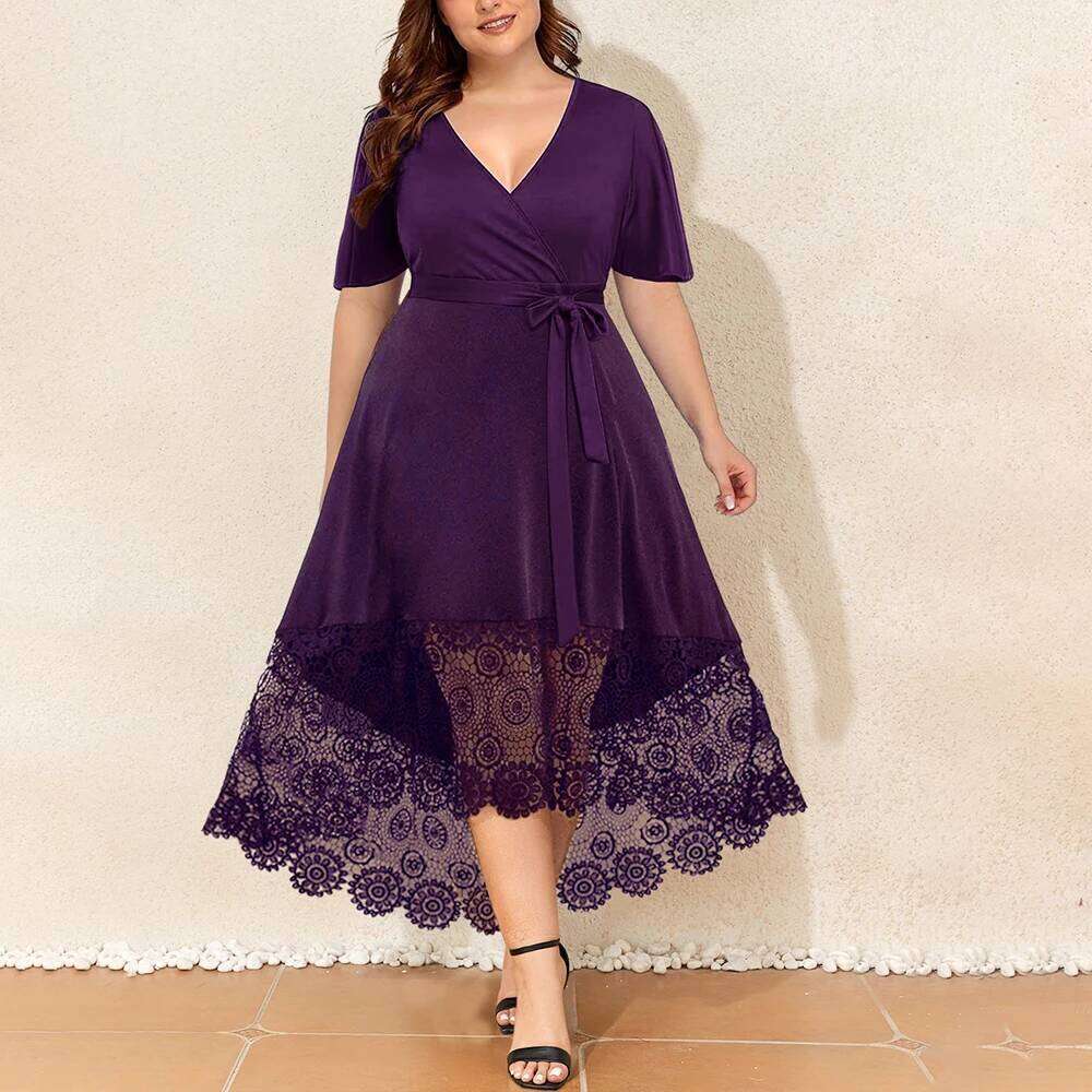Plus Size Womens Sexy Lace Floral V-Neck Pockets Midi Dress Ladies Short Sleeve Evening Party tail Ball Gown Sundress XL-5XL