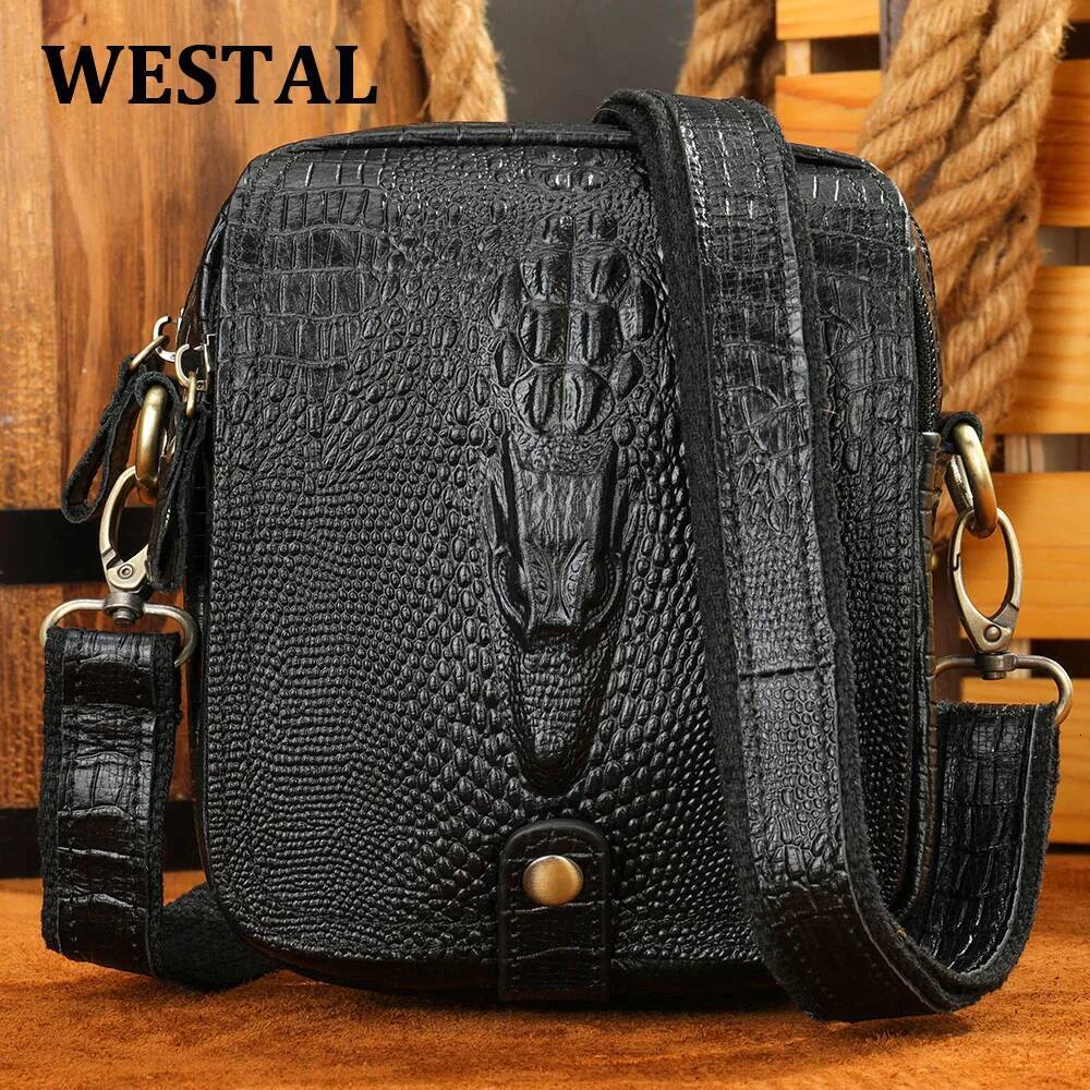 WESTAL Crossbody Men's Genuine Leather Shoulder Crocodile Pattern Messenger Bag Male Alligator Side Bags