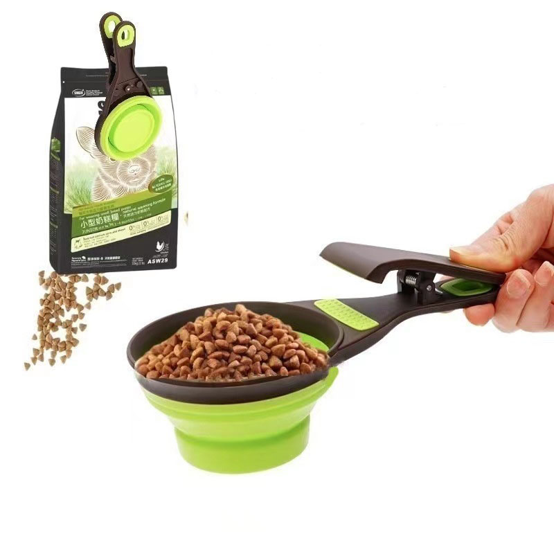 Silicone Collapsible Pet Scoop Food Measuring Cup For Cats Dogs Multi-Function Sealed Bag Clip Cat Litter Shovel Pets Food Water Scooper Set 1/4 1/2 C