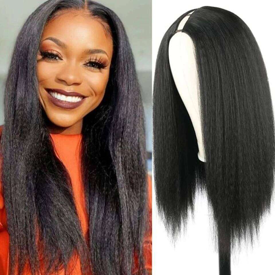 U Part Kinky Wigs Human No Leave Out 22 inches Brazilian Hair V Shape Yaki Straight Wig Natural Color Easy Wear