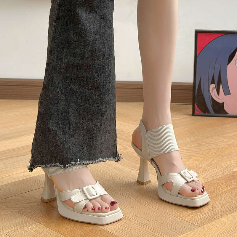 Suede Square Thick Sole Stiletto Sandals for Women 2025 Summer New Belt Buckle Waterproof Platform Open Toe High Heels
