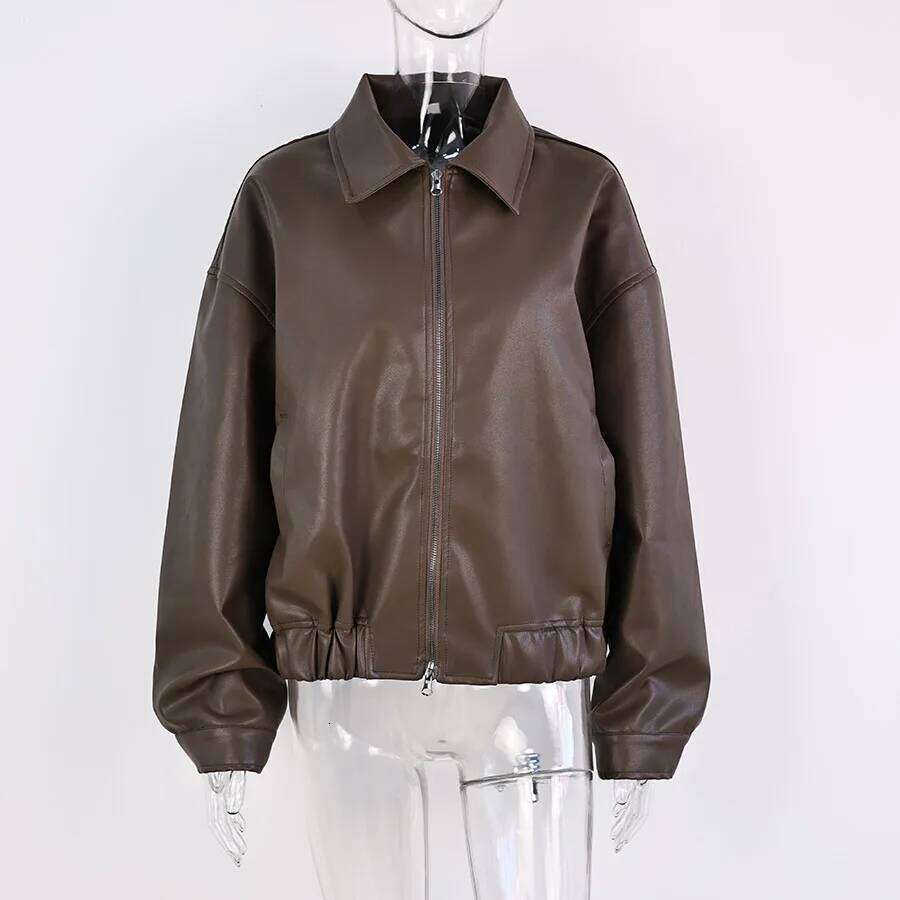 Fashionable Solid-colored PU Leather Warm Jacket with Elegant Long-sleeve Zipper, Short Coat, 2025 Women's Commuting Top