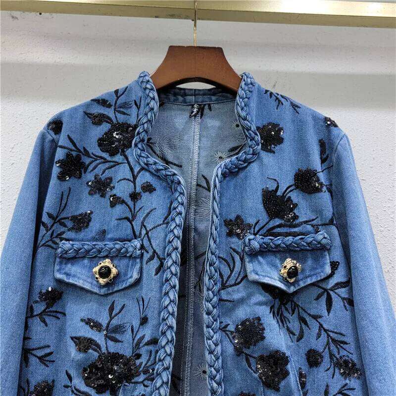 HKSH Heavy Industry Embroidered Sequin Denim Jacket For Women's 2024 Spring New Ins Chic Tide Niche Print Fashion Y2K Coat H2820