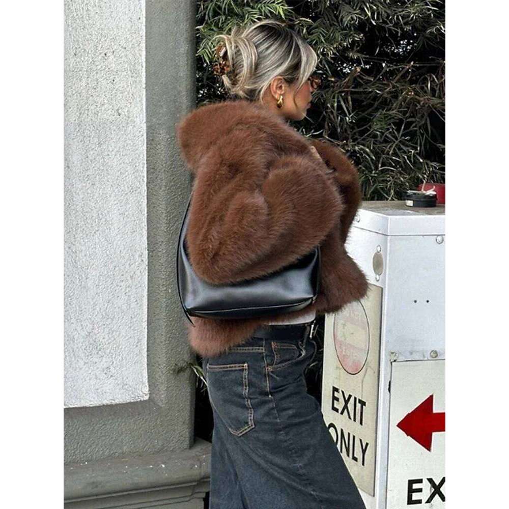 Coffee Faux Fur Short Coat Women Fluffy Lapel Long Sleeve Warm Thick Loose Jacket 2025 Fashion Winter Lady High Street Outwear