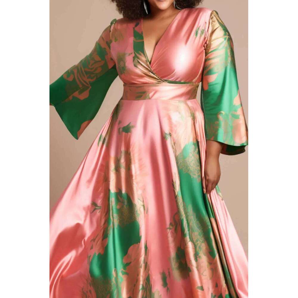 Plus Size Evening Women Flare Sleeve Elegant V-neck Satin Dress New Temperament Fashion Casual Colorblock A-line Dresses