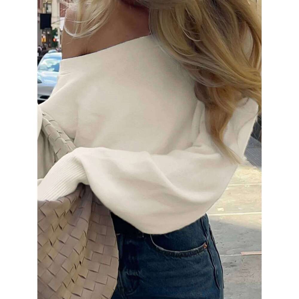 Solid Off-Shoulder Sweater Loose Slash Neck Long Sleeve Knitted Pullovers Women Autumn Winter Fashion Casual Lady