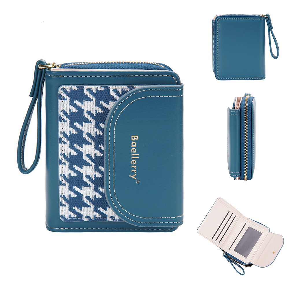 Free Shipping New Women's Short Designer Bag Wallet High-end Student Color-block Zipper Coin Purse Houndstooth PU Small Wallet Handbag